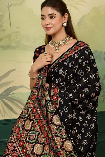 Black color beautiful chinon silk saree with smart print designer and mirror work