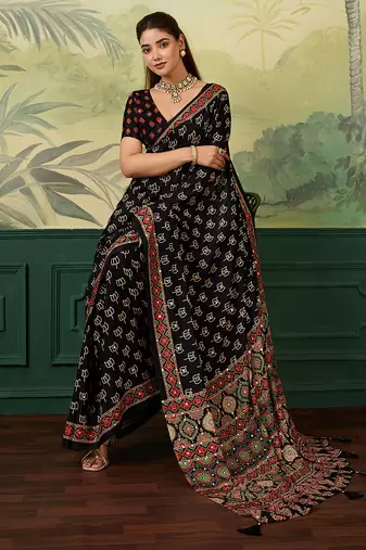 Black color beautiful chinon silk saree with smart print designer and mirror work