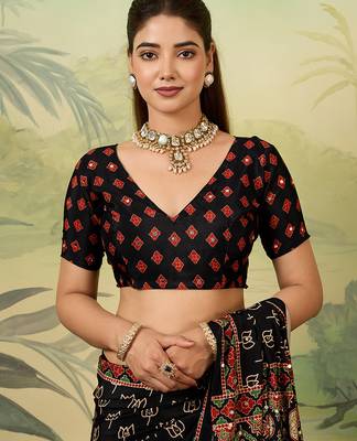Black color beautiful chinon silk saree with smart print designer and mirror work 5