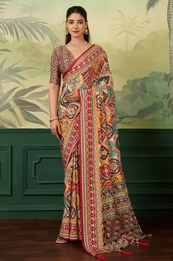 Multicolor elegant crepe silk saree with designer print design and trendy mirror work