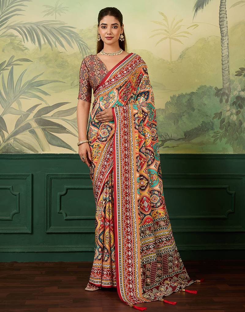 Multicolor elegant crepe silk saree with designer print design and trendy mirror work
