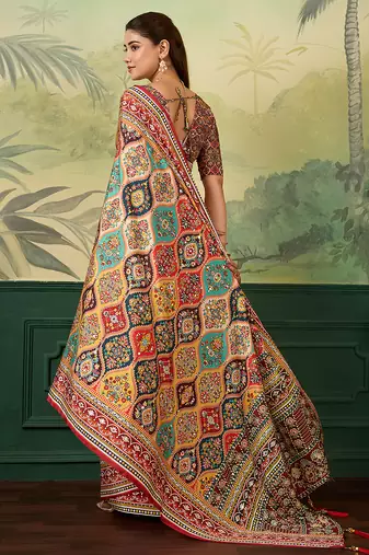 Multicolor elegant crepe silk saree with designer print design and trendy mirror work