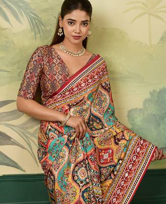 Multicolor elegant crepe silk saree with designer print design and trendy mirror work 3