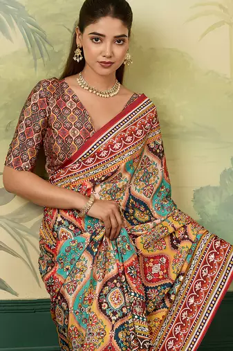 Multicolor elegant crepe silk saree with designer print design and trendy mirror work