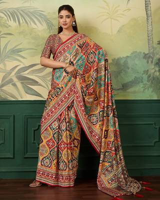 Multicolor elegant crepe silk saree with designer print design and trendy mirror work 4
