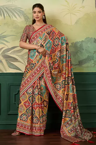 Multicolor elegant crepe silk saree with designer print design and trendy mirror work