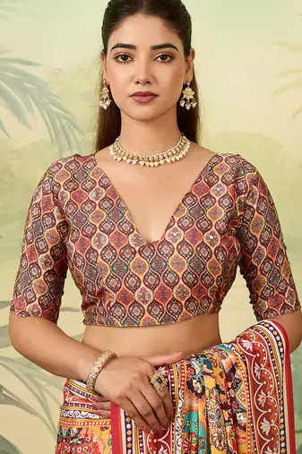 Multicolor elegant crepe silk saree with designer print design and trendy mirror work