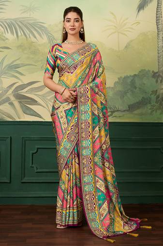 Multicolor elegant crepe silk saree with designer print design and trendy mirror work