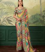 Multicolor elegant crepe silk saree with designer print design and trendy mirror work