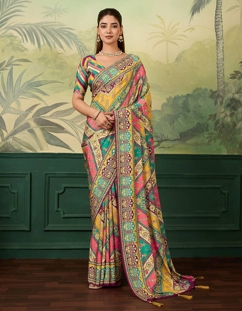 Multicolor elegant crepe silk saree with designer print design and trendy mirror work