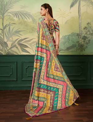 Multicolor elegant crepe silk saree with designer print design and trendy mirror work 2