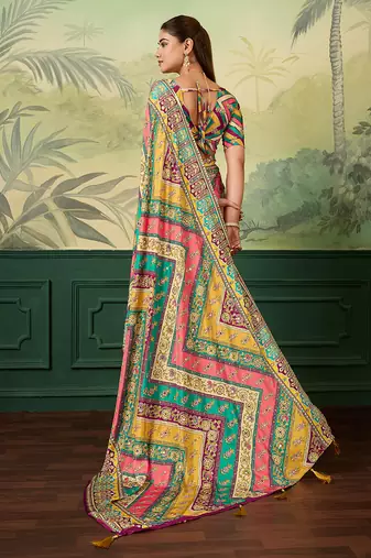 Multicolor elegant crepe silk saree with designer print design and trendy mirror work