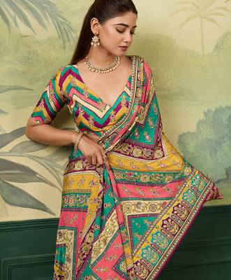Multicolor elegant crepe silk saree with designer print design and trendy mirror work 3