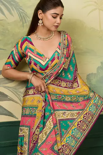 Multicolor elegant crepe silk saree with designer print design and trendy mirror work