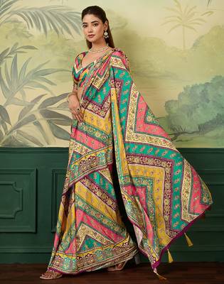 Multicolor elegant crepe silk saree with designer print design and trendy mirror work 4