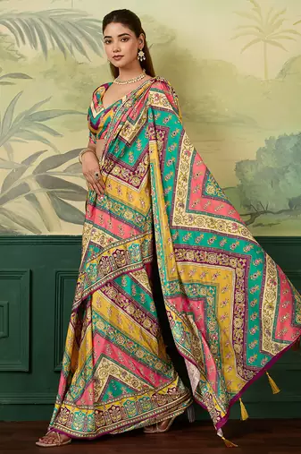 Multicolor elegant crepe silk saree with designer print design and trendy mirror work