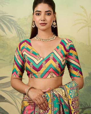 Multicolor elegant crepe silk saree with designer print design and trendy mirror work 5