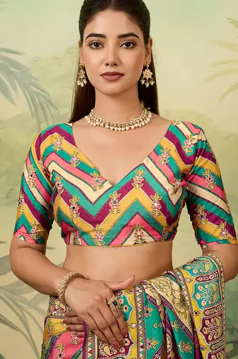 Multicolor elegant crepe silk saree with designer print design and trendy mirror work