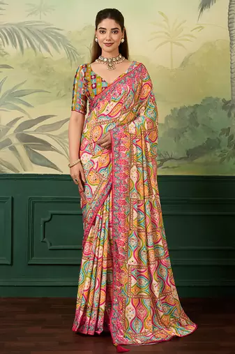 Multicolor elegant crepe silk saree with designer print design and trendy mirror work