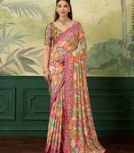 Multicolor elegant crepe silk saree with designer print design and trendy mirror work