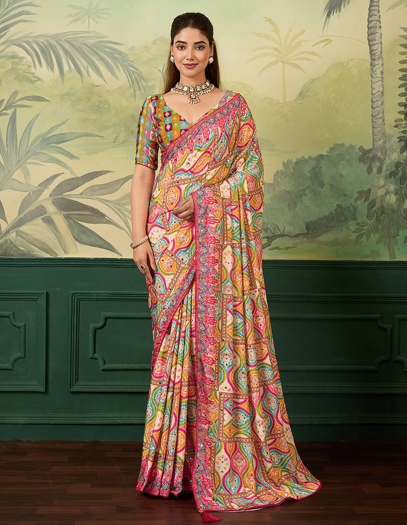 Multicolor elegant crepe silk saree with designer print design and trendy mirror work