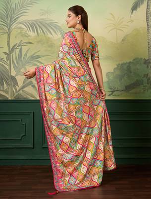 Multicolor elegant crepe silk saree with designer print design and trendy mirror work 2