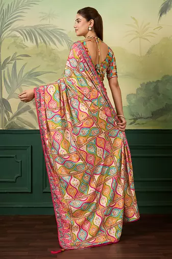 Multicolor elegant crepe silk saree with designer print design and trendy mirror work