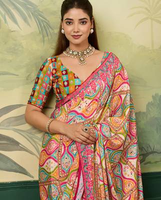 Multicolor elegant crepe silk saree with designer print design and trendy mirror work 3