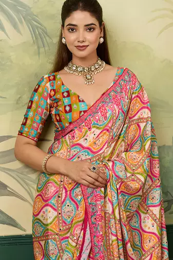 Multicolor elegant crepe silk saree with designer print design and trendy mirror work
