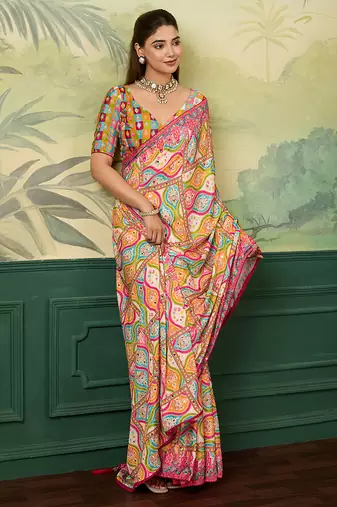 Multicolor elegant crepe silk saree with designer print design and trendy mirror work
