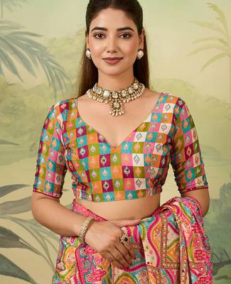 Multicolor elegant crepe silk saree with designer print design and trendy mirror work 5