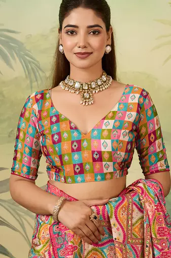 Multicolor elegant crepe silk saree with designer print design and trendy mirror work
