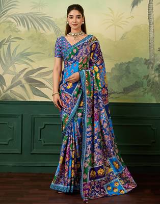 Blue color elegant crepe silk saree with designer print design and trendy mirror work 1