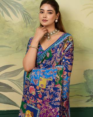 Blue color elegant crepe silk saree with designer print design and trendy mirror work 3
