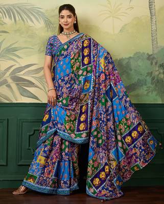Blue color elegant crepe silk saree with designer print design and trendy mirror work 4