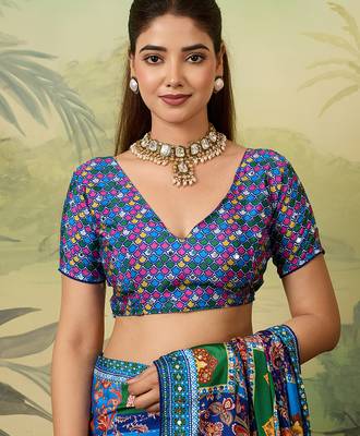 Blue color elegant crepe silk saree with designer print design and trendy mirror work 5