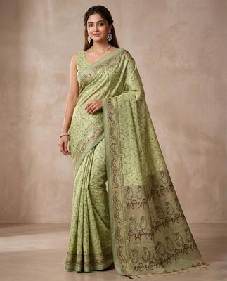 Pista color cotton silk woven designer ethnic partywear saree 1