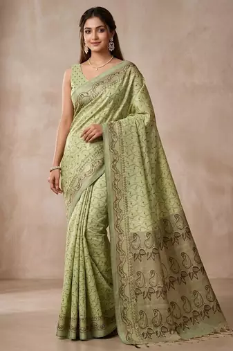 Pista color cotton silk woven designer ethnic partywear saree