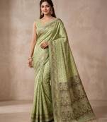 Pista color cotton silk woven designer ethnic partywear saree