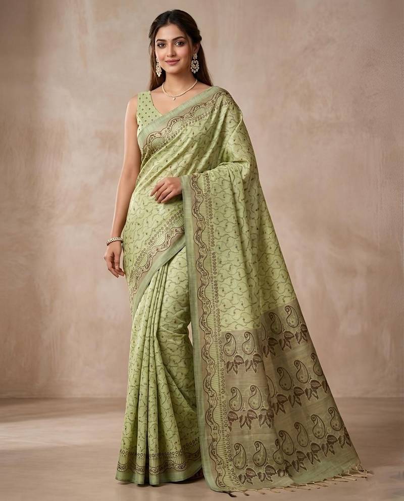 Pista color cotton silk woven designer ethnic partywear saree