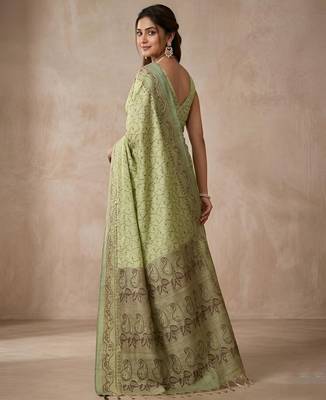 Pista color cotton silk woven designer ethnic partywear saree 2