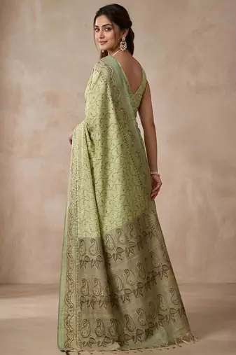 Pista color cotton silk woven designer ethnic partywear saree