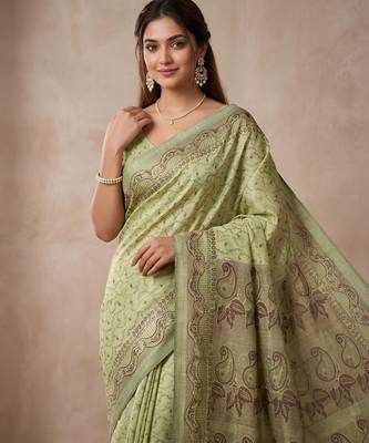 Pista color cotton silk woven designer ethnic partywear saree 3