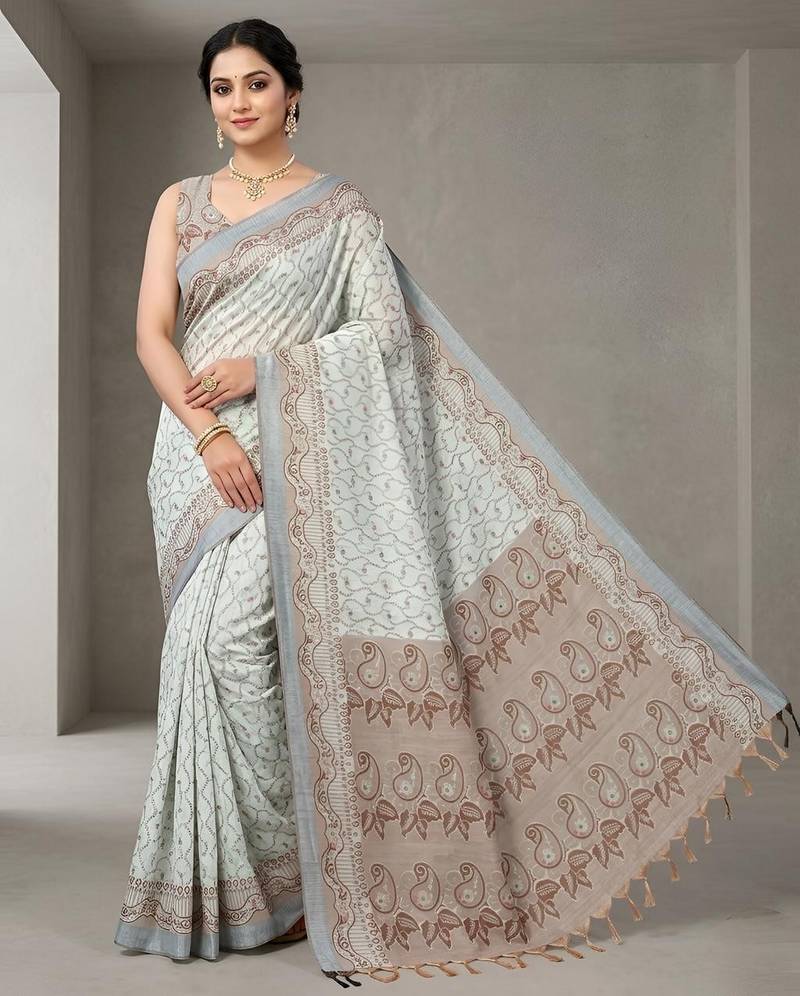 Grey color cotton silk woven designer ethnic partywear saree
