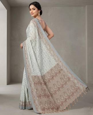 Grey color cotton silk woven designer ethnic partywear saree 2