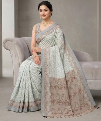 Grey color cotton silk woven designer ethnic partywear saree 4
