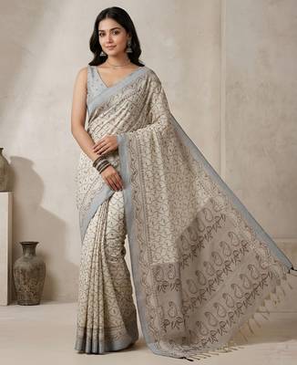 Off white color cotton silk woven designer ethnic partywear saree 1
