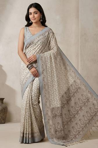 Off white color cotton silk woven designer ethnic partywear saree