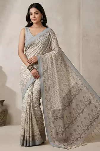 Off white color cotton silk woven designer ethnic partywear saree