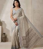 Off white color cotton silk woven designer ethnic partywear saree